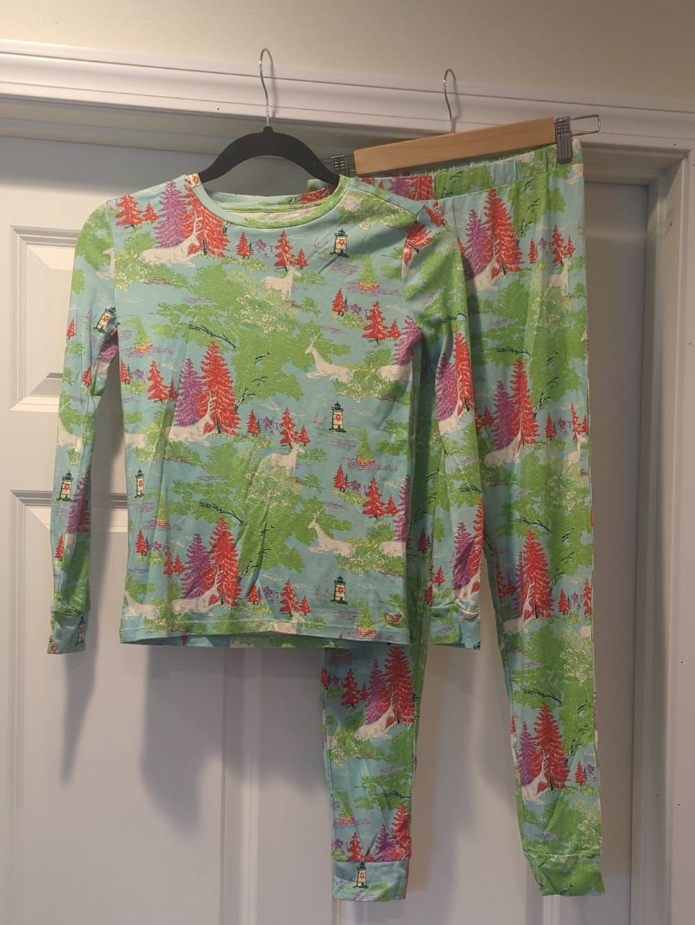 Vineyard Vines Kids Pajama Set in Light Blue, Green and Red Scenic Print